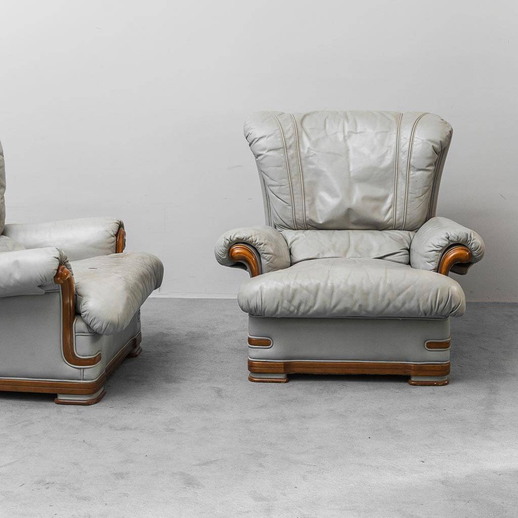 Pair of vintage armchairs in grey leather and wood, 1950s modernism