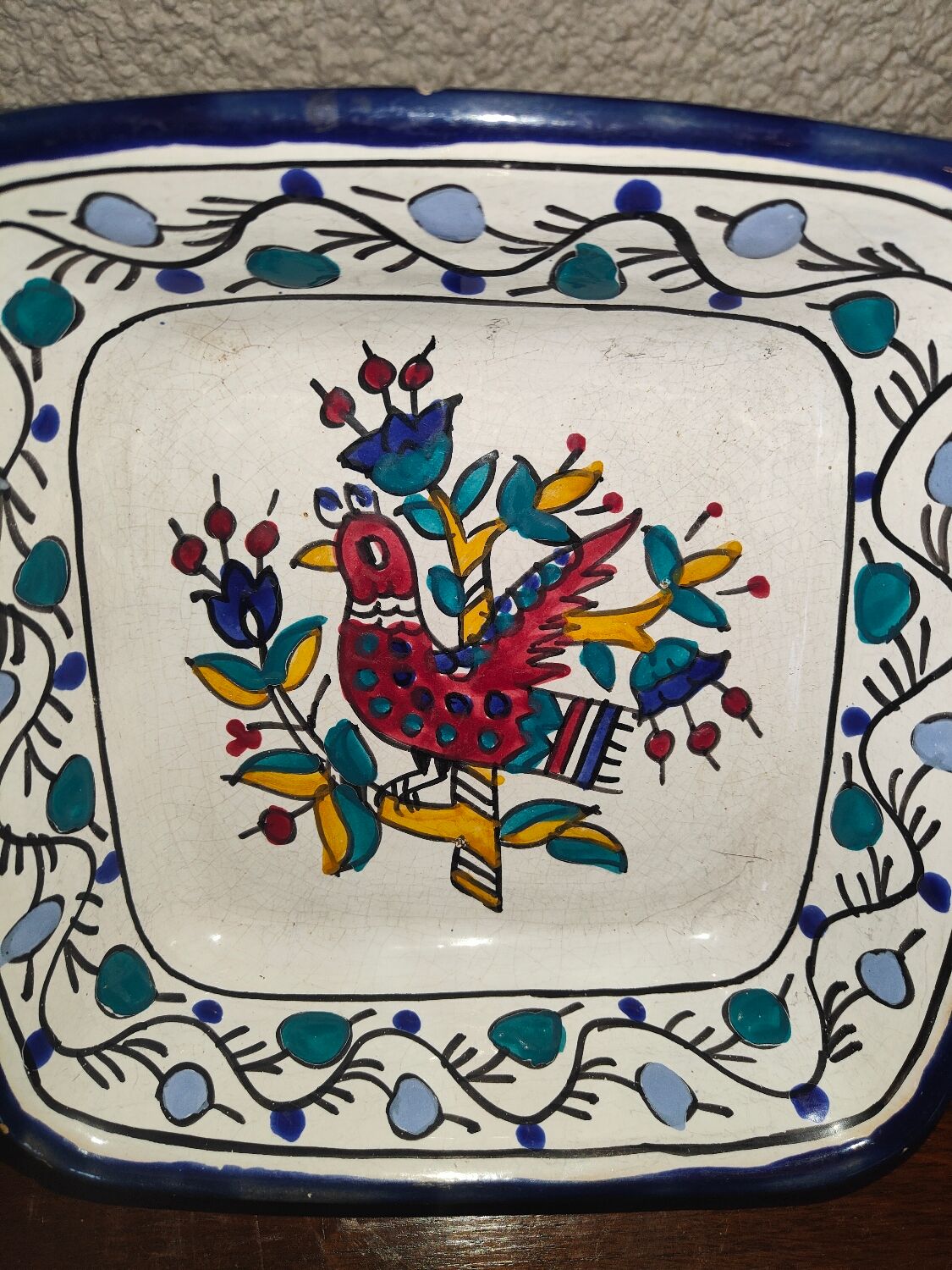 Old square dish square cut in polychrome glazed ceramic Nabeul Tunisian with bird decoration