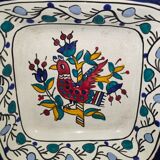 Old square dish square cut in polychrome glazed ceramic Nabeul Tunisian with bird decoration