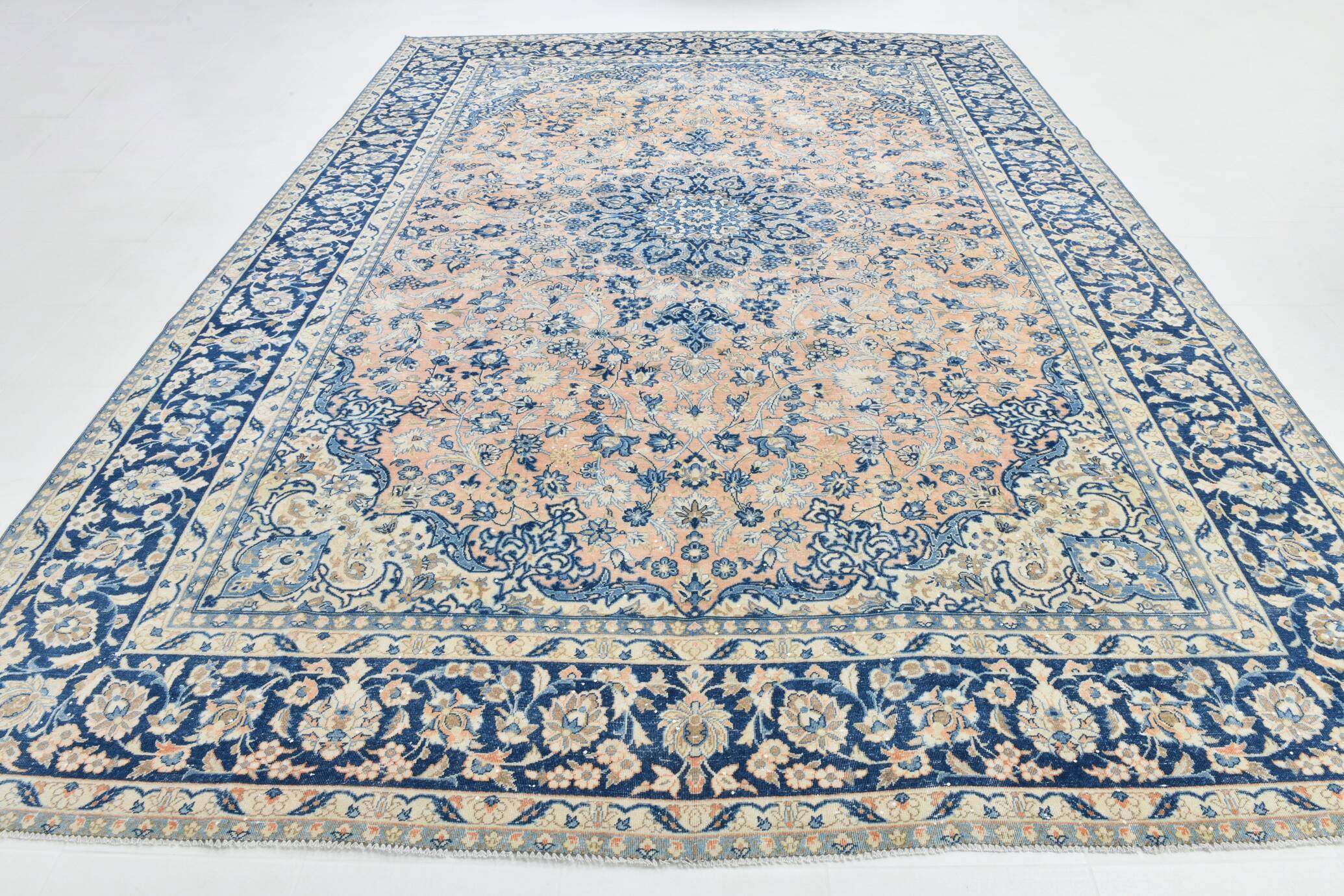 10x14 Navy Blue & Salmon Vintage Persian Rug, Geometric Style Classic Rug