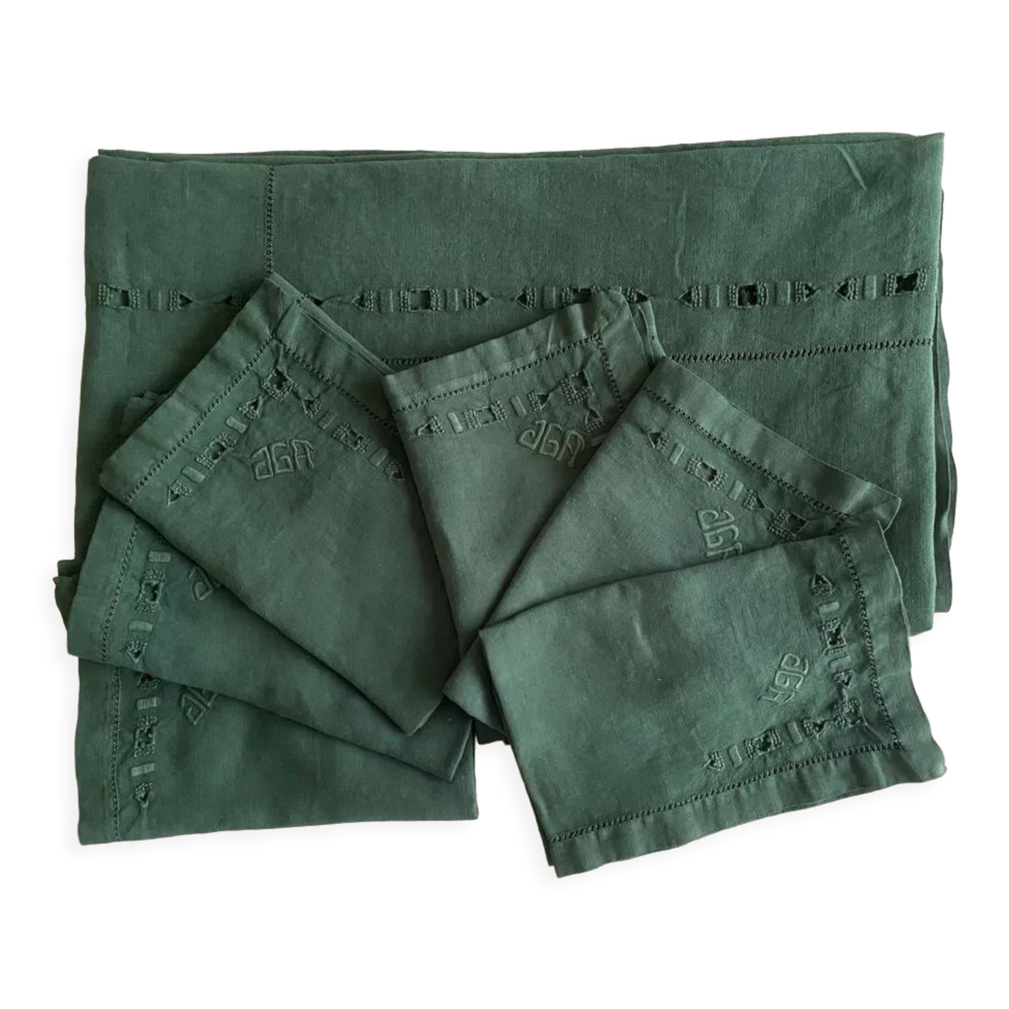 Old tablecloth & its 6 pine-green tinted towels "the forest" - linen - 175x210 cm