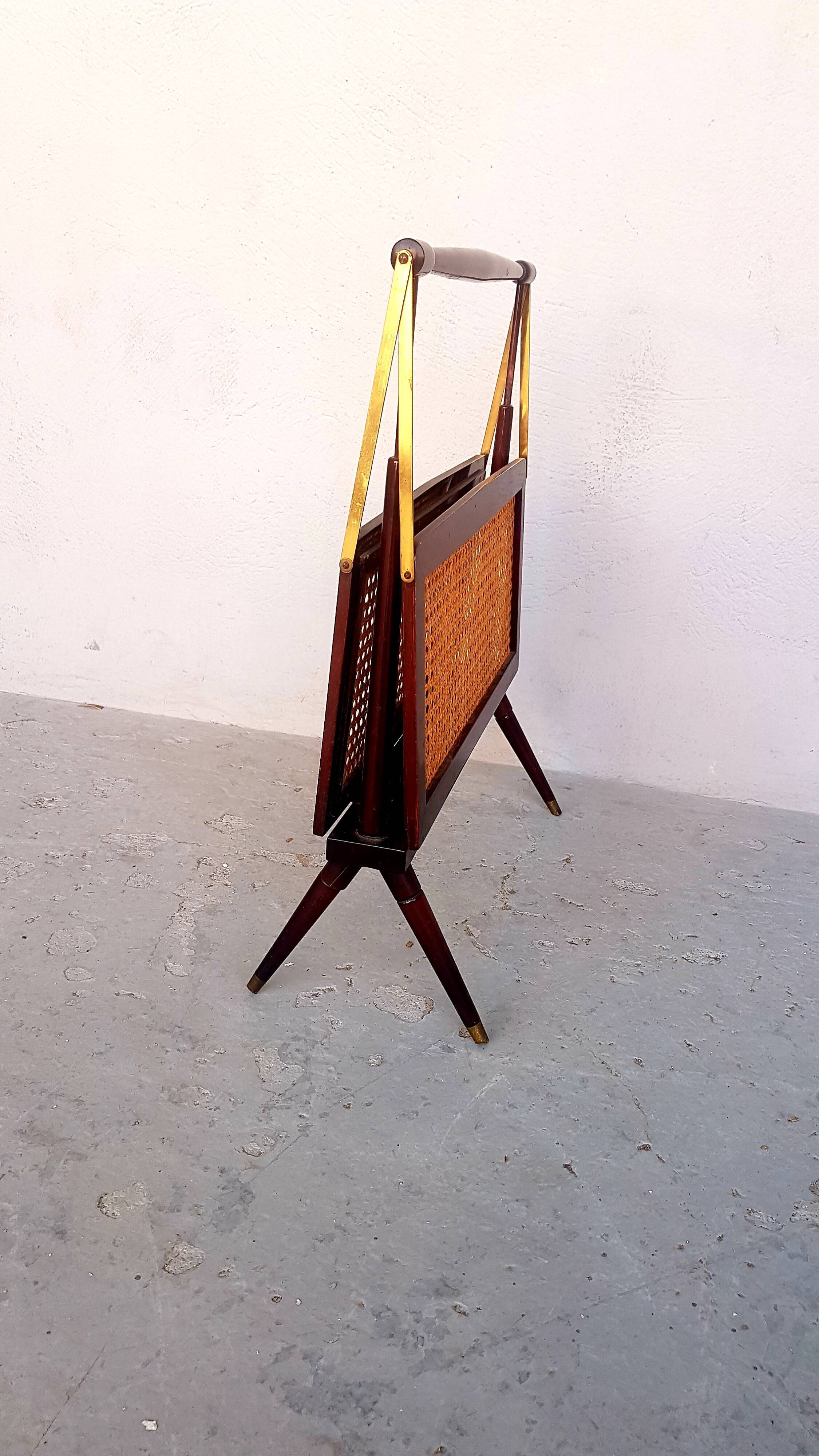 Cesare Lacca folding mahogany cane brass magazine rack 1960