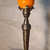 Bronze lamp signed SR 1900, yellow opaline tulip shade edged in black, Loetz, 38x14