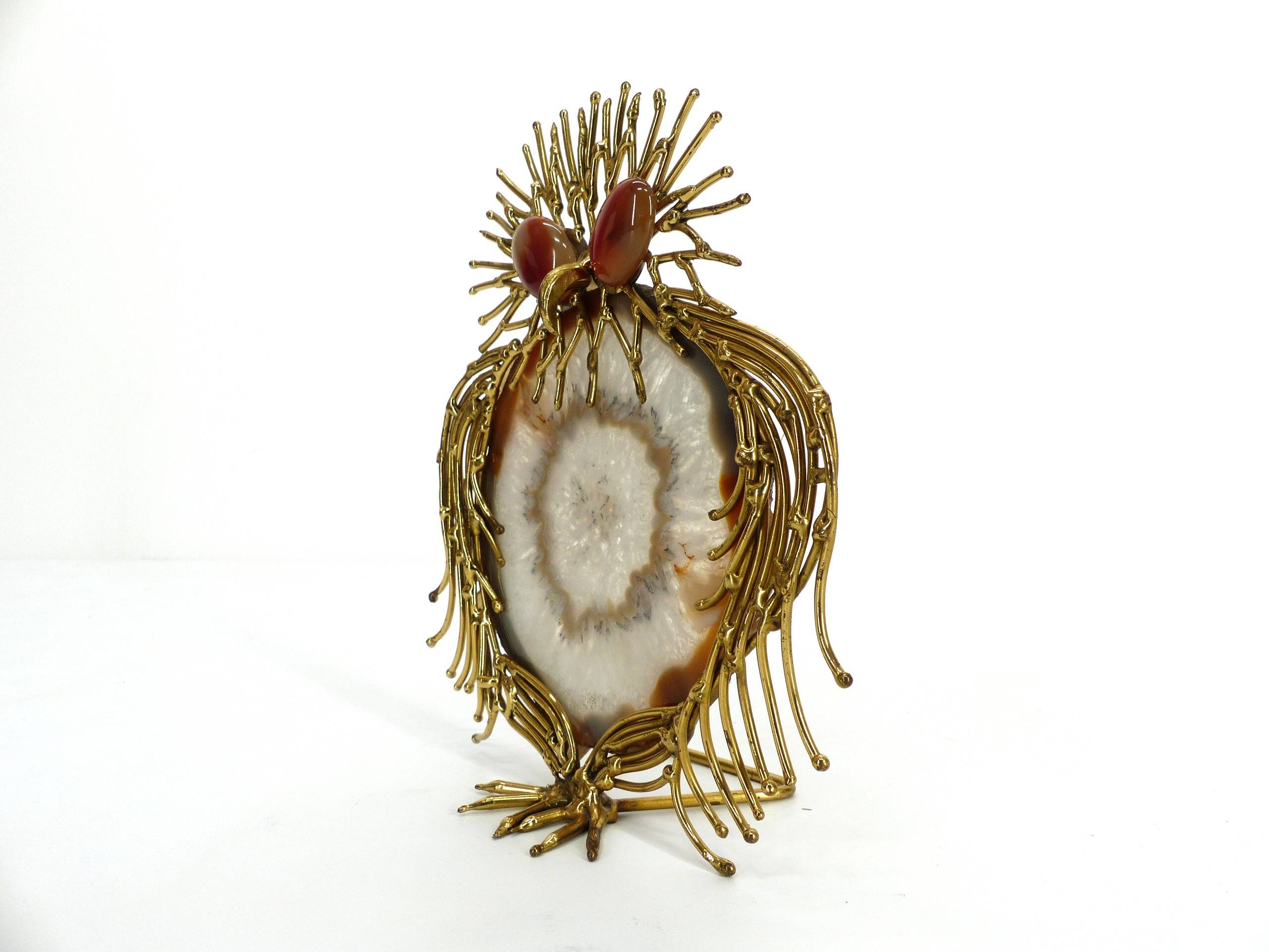Brutalist owl sculpture in brass and agate 1970