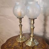 pair of art deco brass lamps with opaque etched glass 39x12
