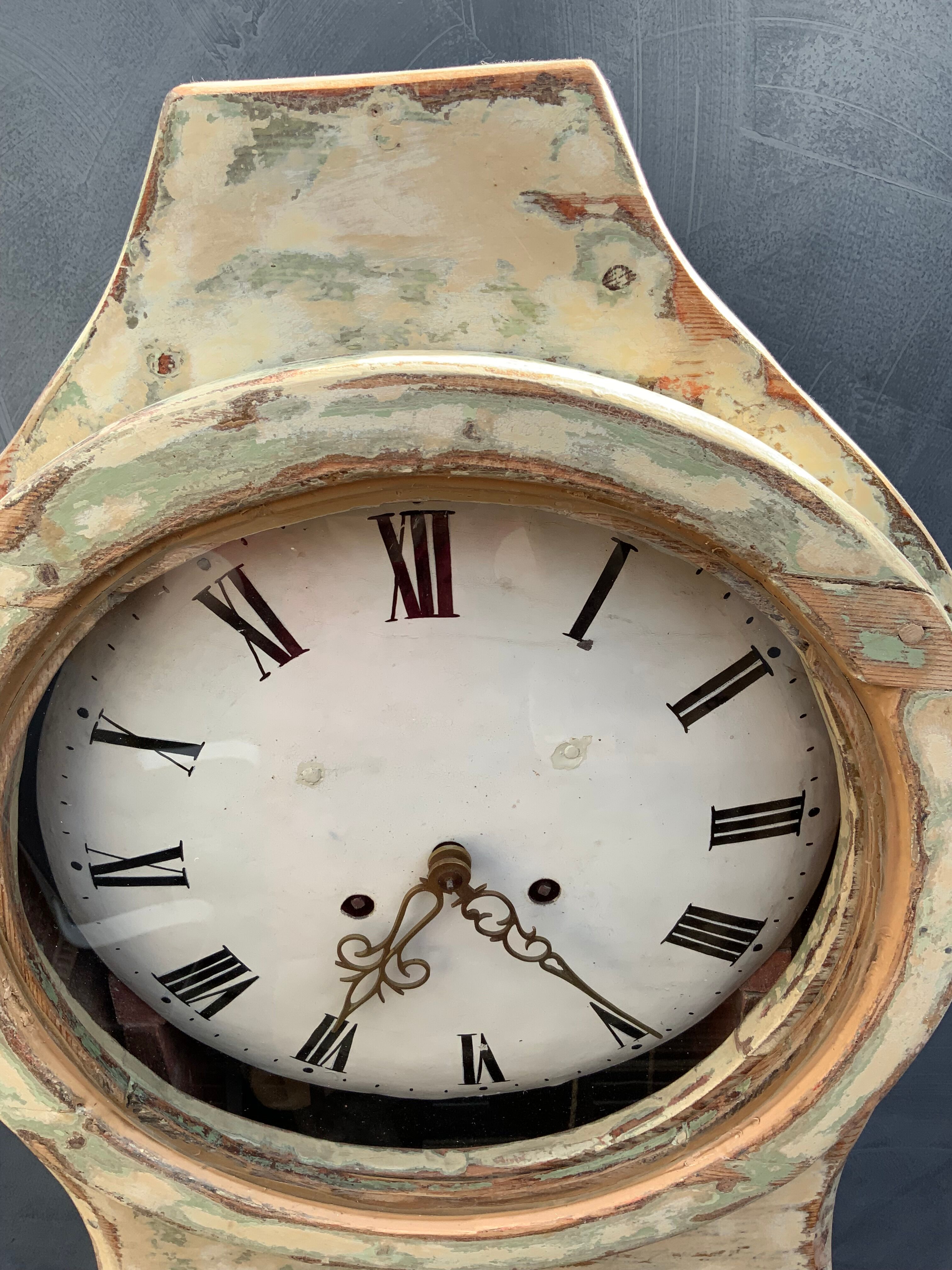 Antique mora clock long case, mint colour wood case 1800s