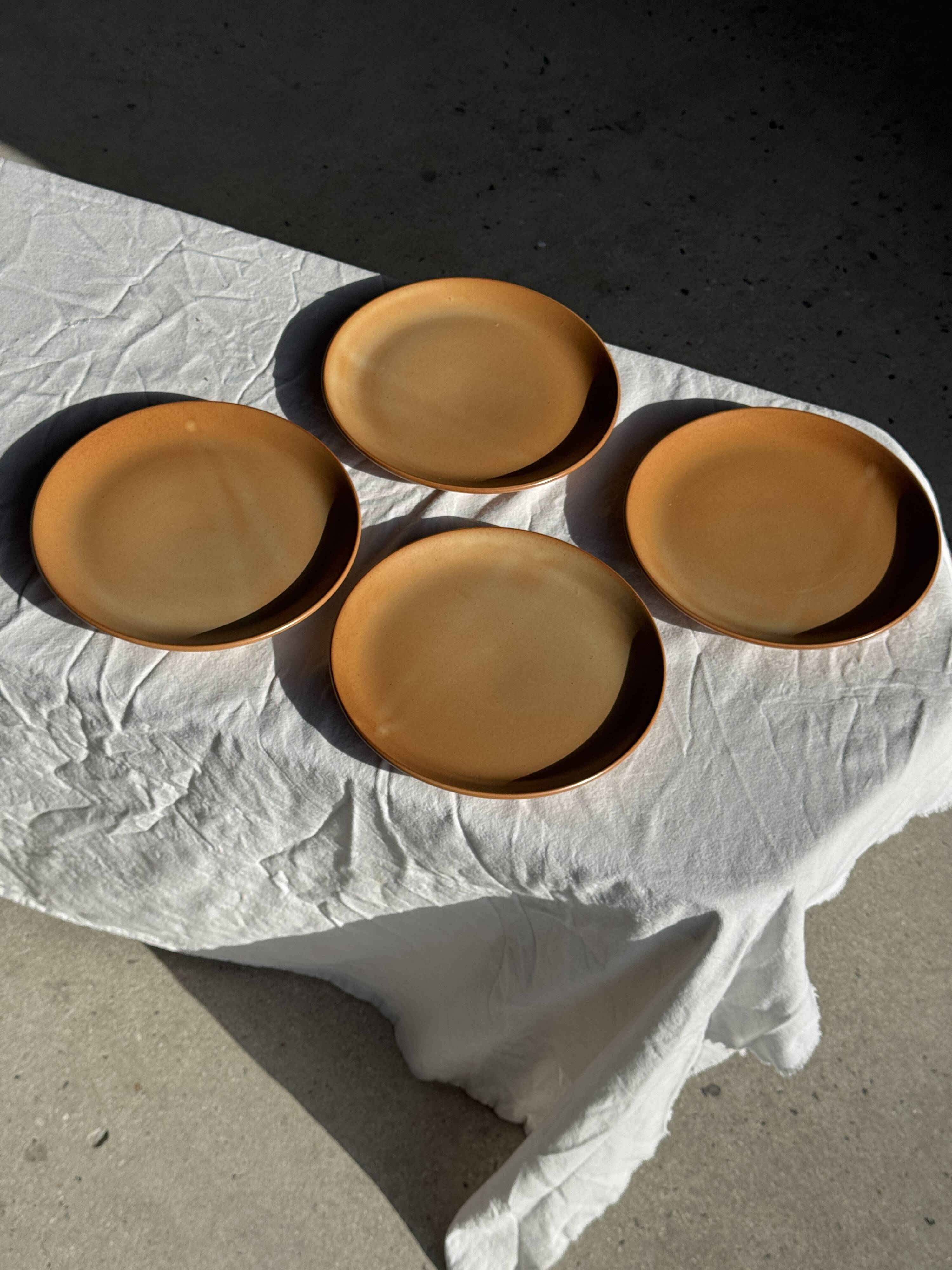 Set of 4 flat dinner plates in stoneware, no brand underneath.