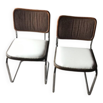 Set of 4 Mid-Century brown faux leather chairs with wood and chrome structure (1970s)