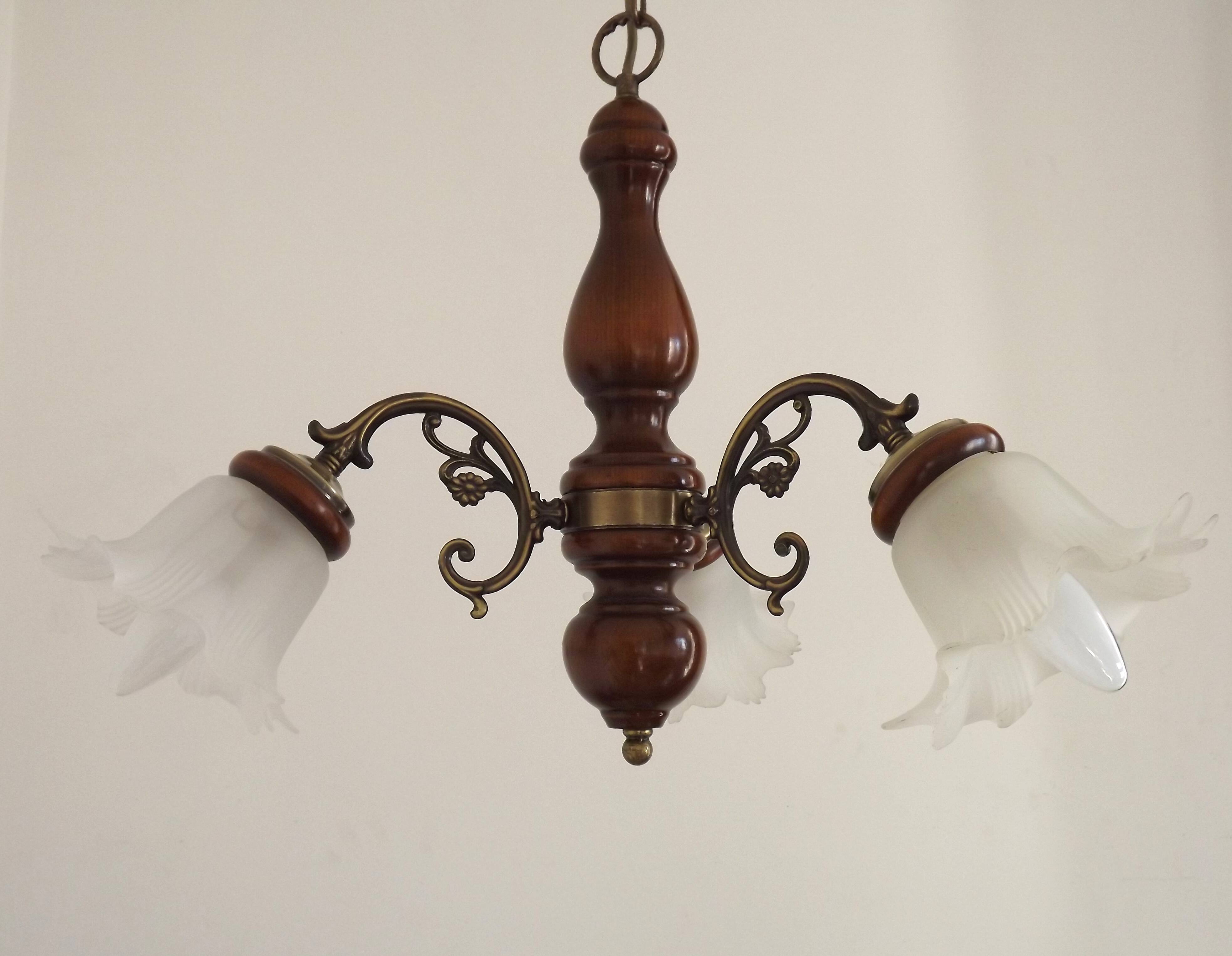 French Mid-Century 3-Light Wood and Bronzed Metal Chandelier with Glass Shades