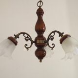 French Mid-Century 3-Light Wood and Bronzed Metal Chandelier with Glass Shades