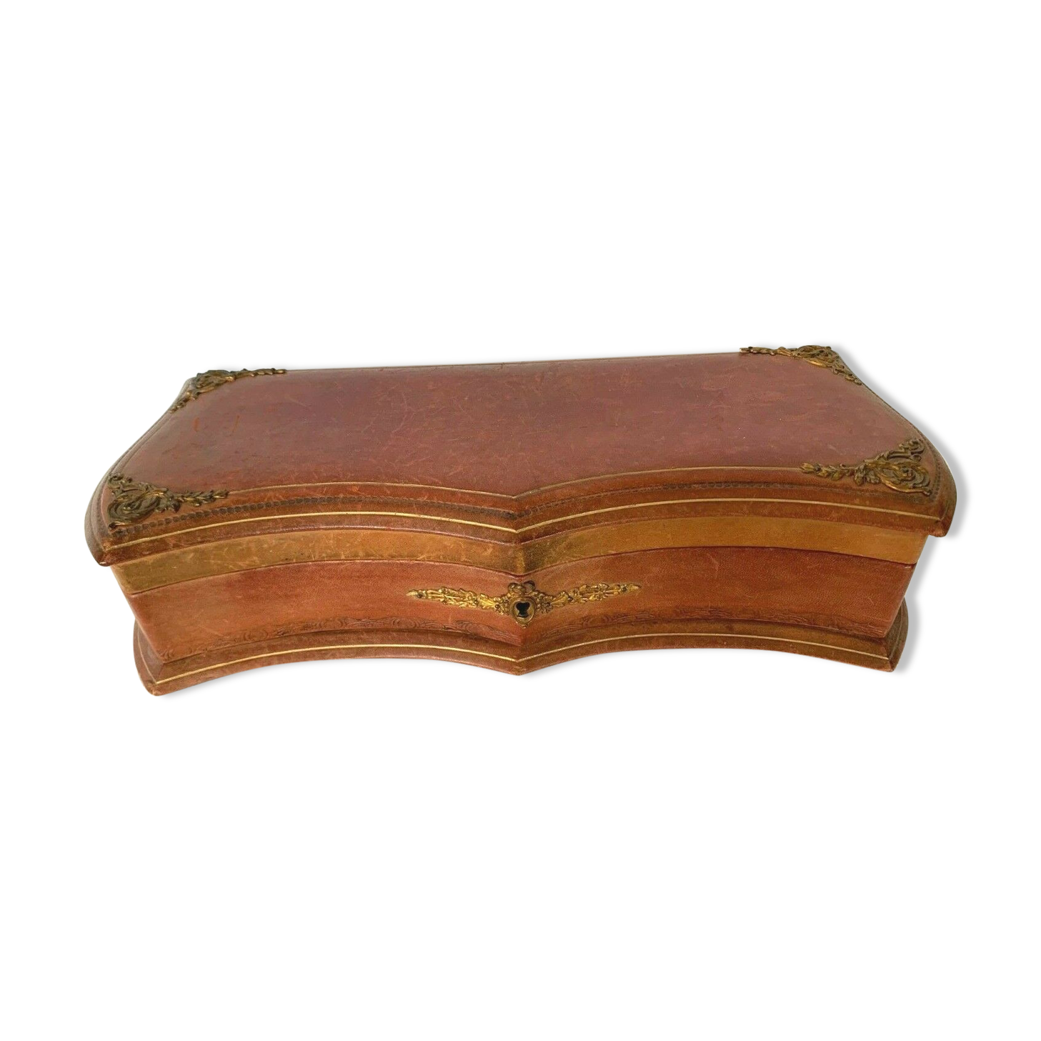 20th century leather jewelry and brass ornamentation box