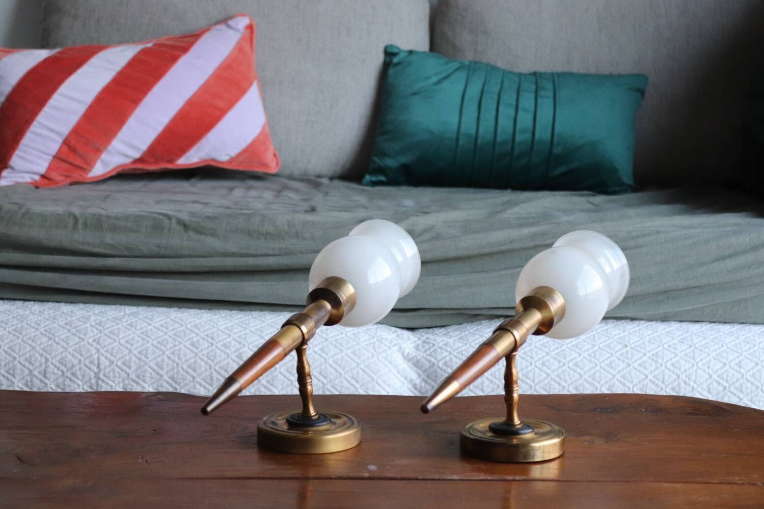 Pair of vintage Lunel house wood and brass wall lights