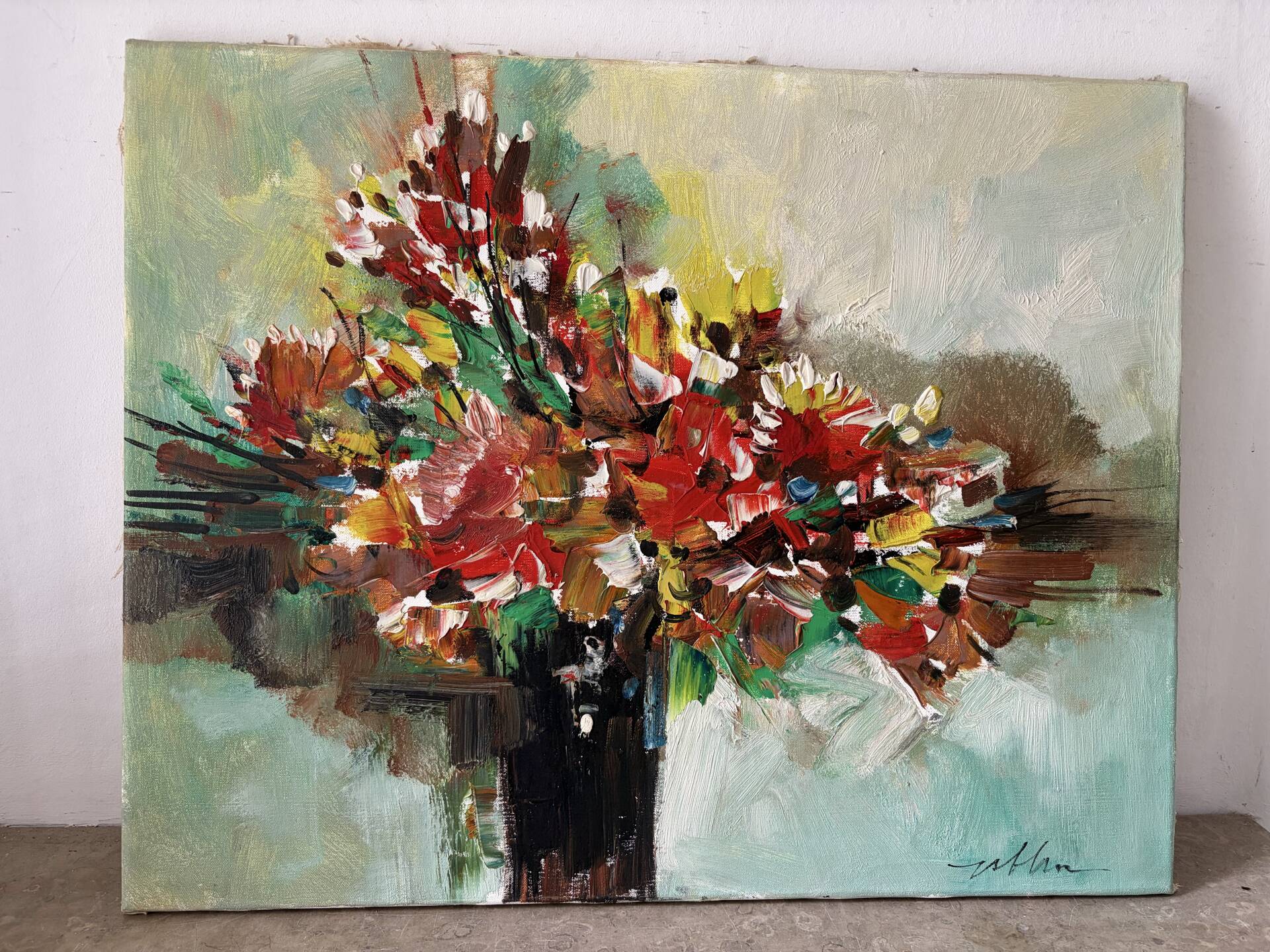 Bouquet de fleurs au couteau, signé