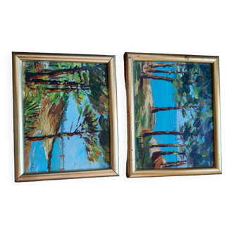 Lot de 2 petites peintures à l'huile -paysages bord de mer