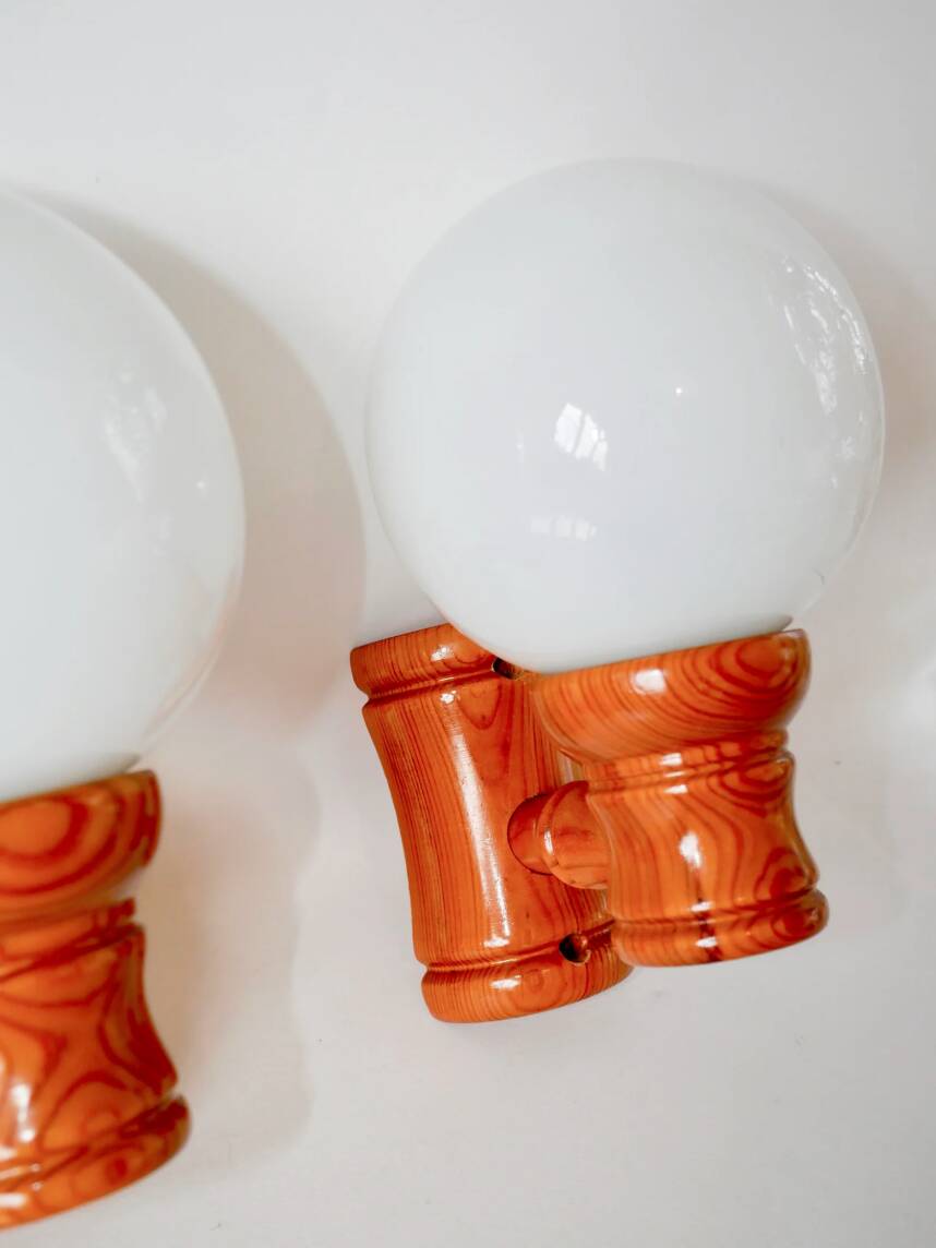 Pair of globe wall lights in pine and opaline 1960