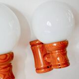 Pair of globe wall lights in pine and opaline 1960