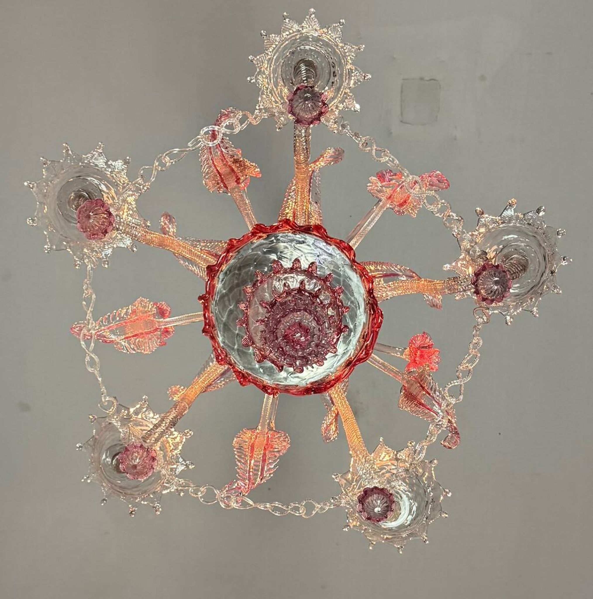 Venetian chandelier in colorless and red Murano glass, 5 light arms