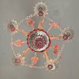Venetian chandelier in colorless and red Murano glass, 5 light arms