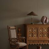 Pair of sculptural Danish modern rocking chairs in lambswool and oak, brutalist, 1950.