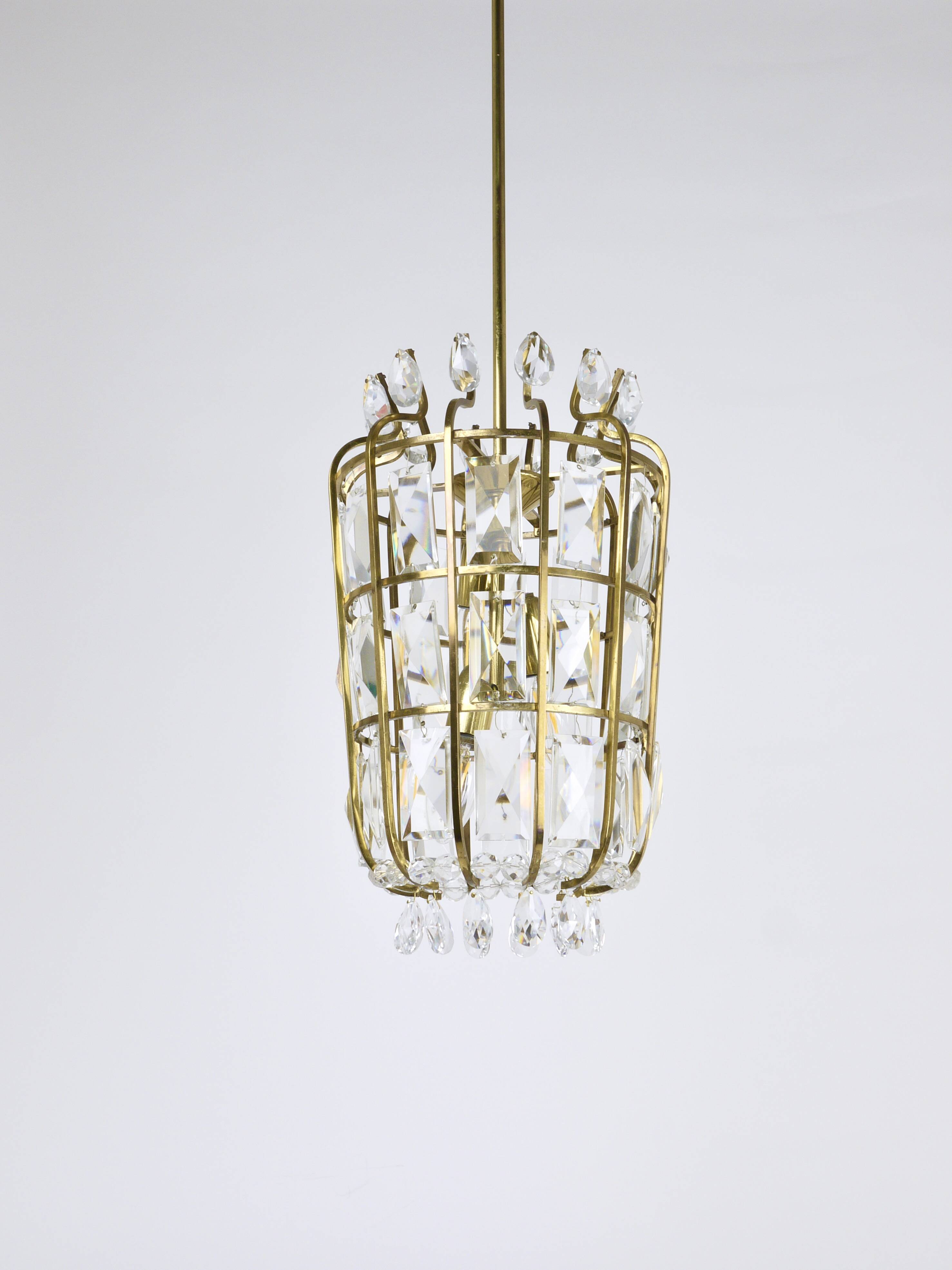 Bakalowits Vienna Brass & Crystal Chandelier Lantern Pendant Lamp, Austria, 1950
