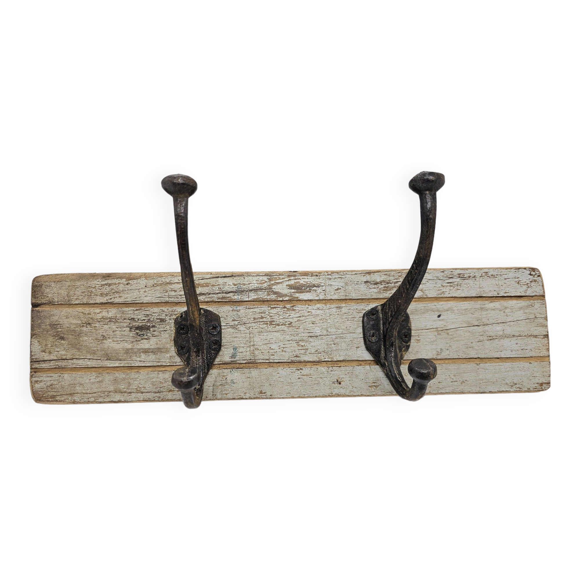 Solid teak coat hook with 2 double cast iron hooks