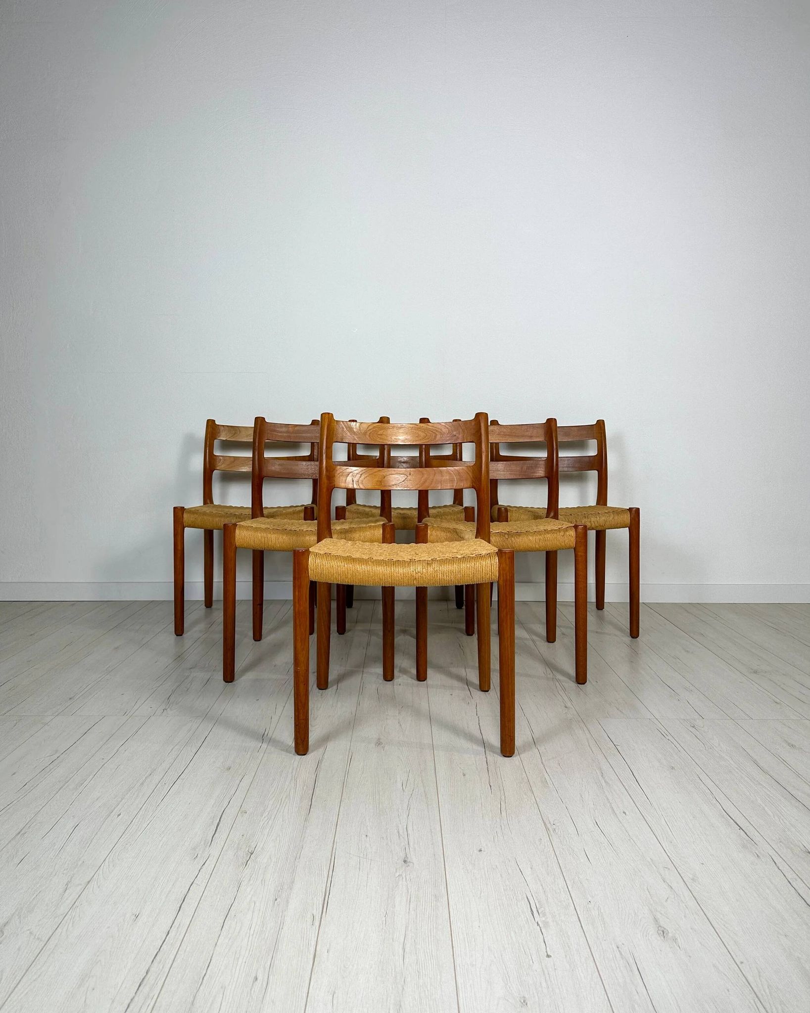 1960s Set of 6 Danish Teak Papercord Dining Chairs Model 84 by Niels Møller