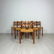 1960s Set of 6 Danish Teak Papercord Dining Chairs Model 84 by Niels Møller