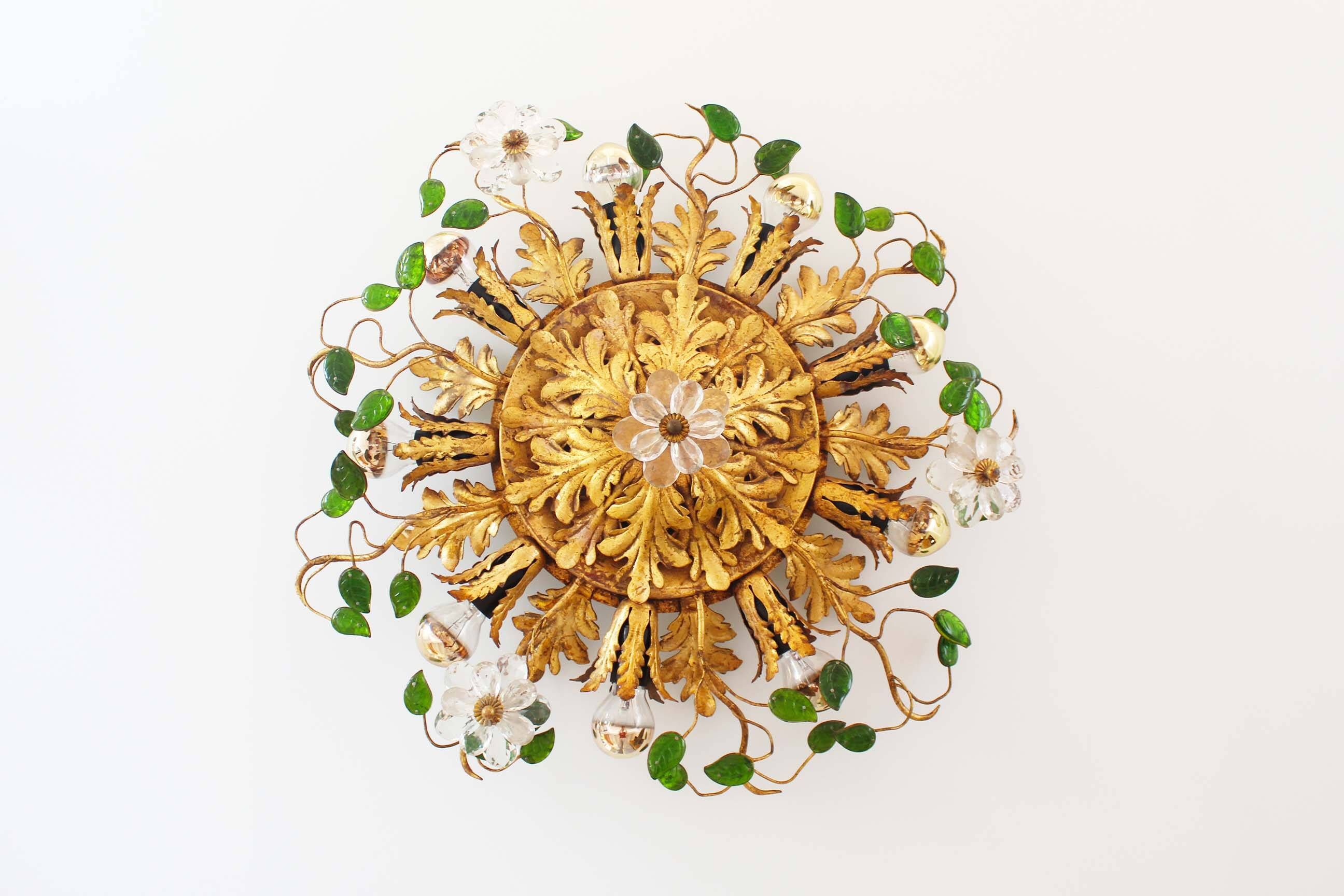 Large Italian Gilt Florentine Flush Mount Light by Banci Firenze