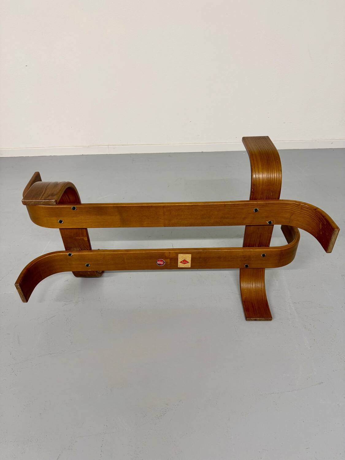 Vintage Fubo coffee table, 1970s design, made of bent wood and smoked glass