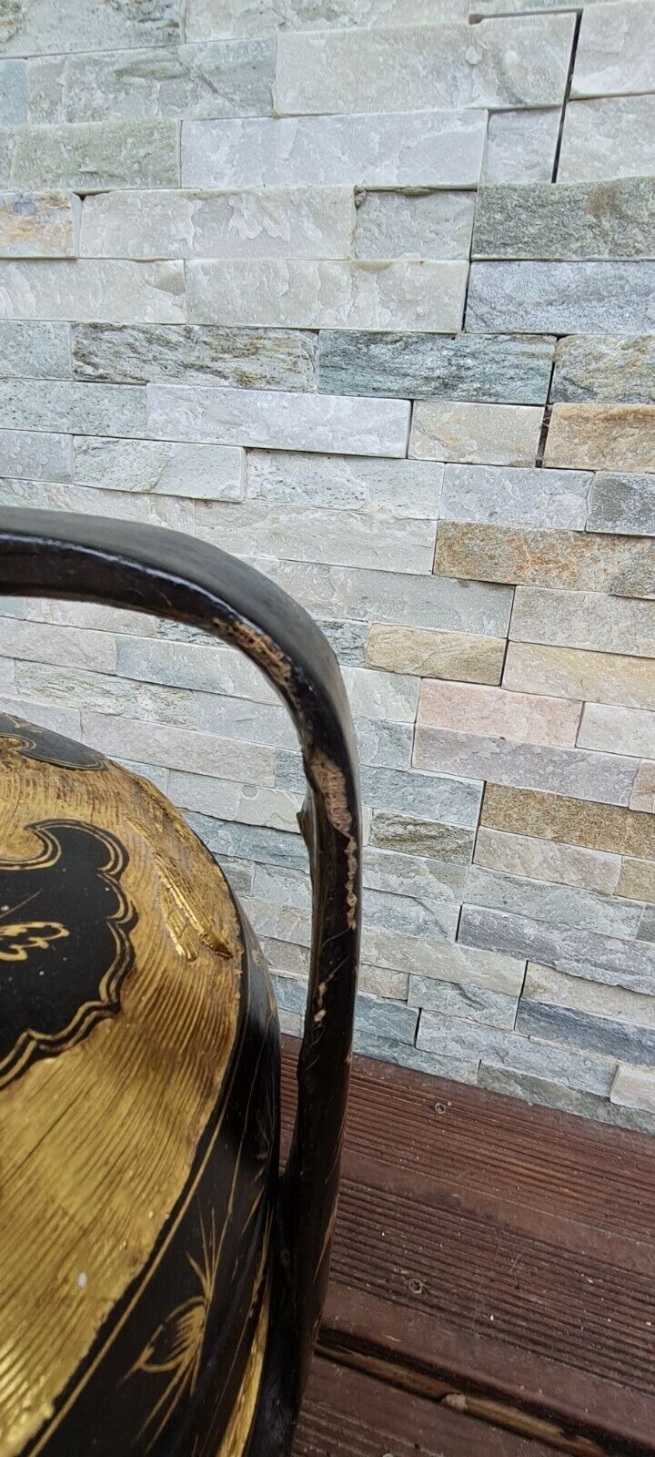 Panier de mariage chinois en bois et osier noir laqué et or