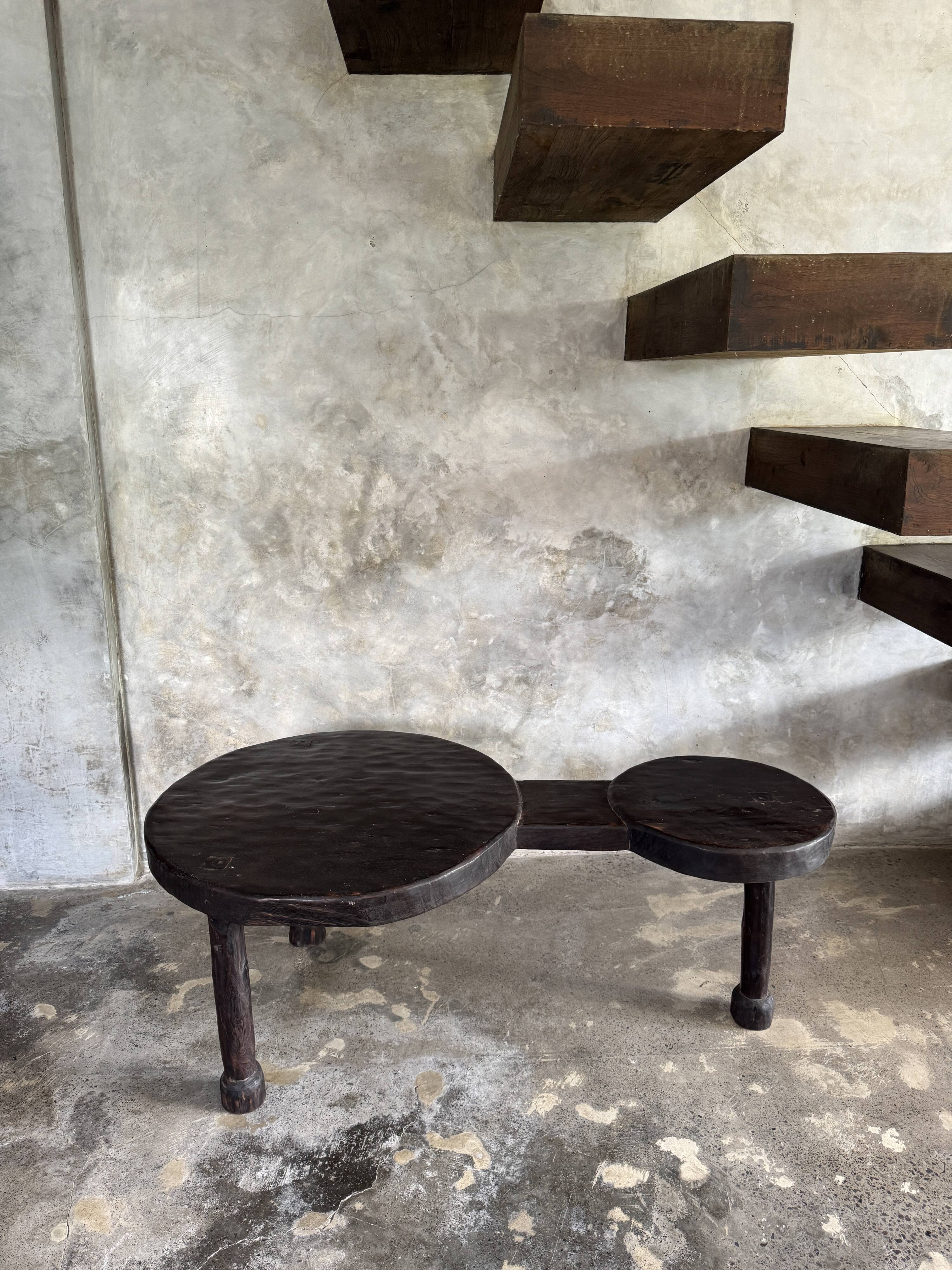 Large coffee table, minimalist tripod side table in solid teak with double.