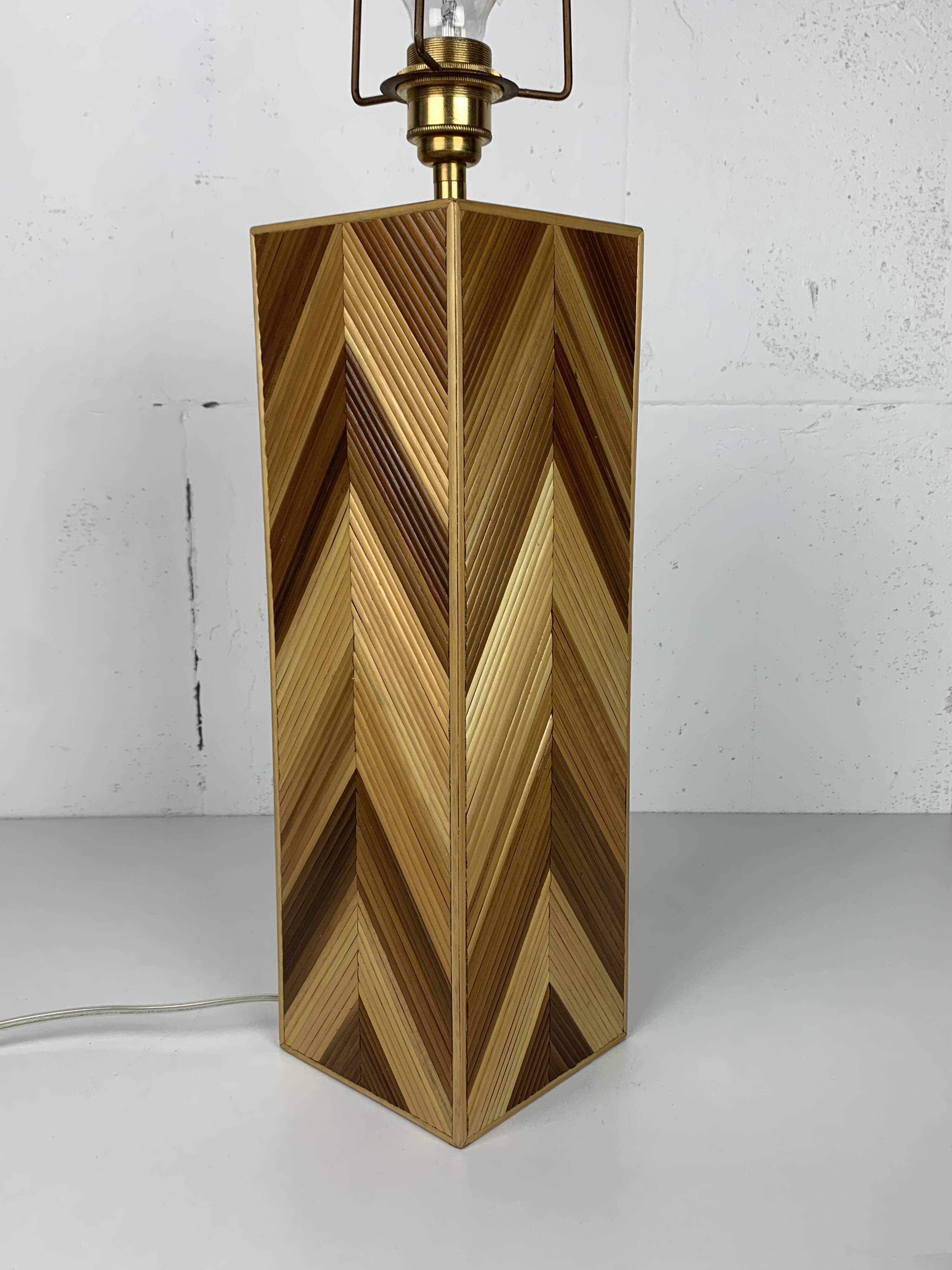 Midcentury pencil reed rattan bamboo and brass table lamp, 1970s