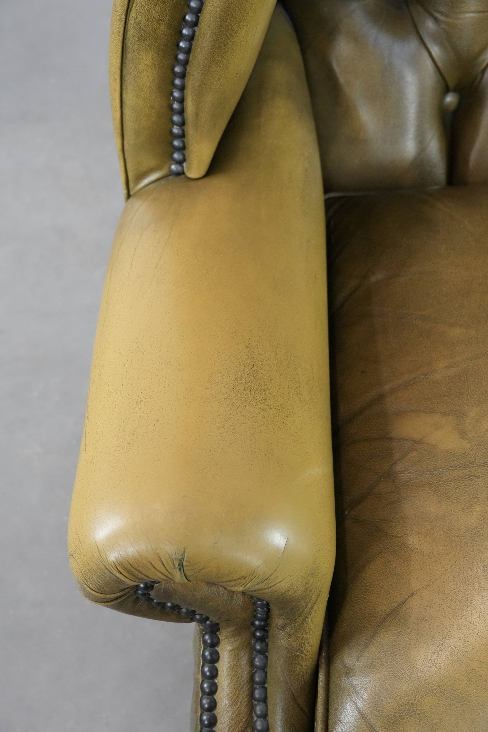 Moss green cow leather Chesterfield wingback armchair in English style