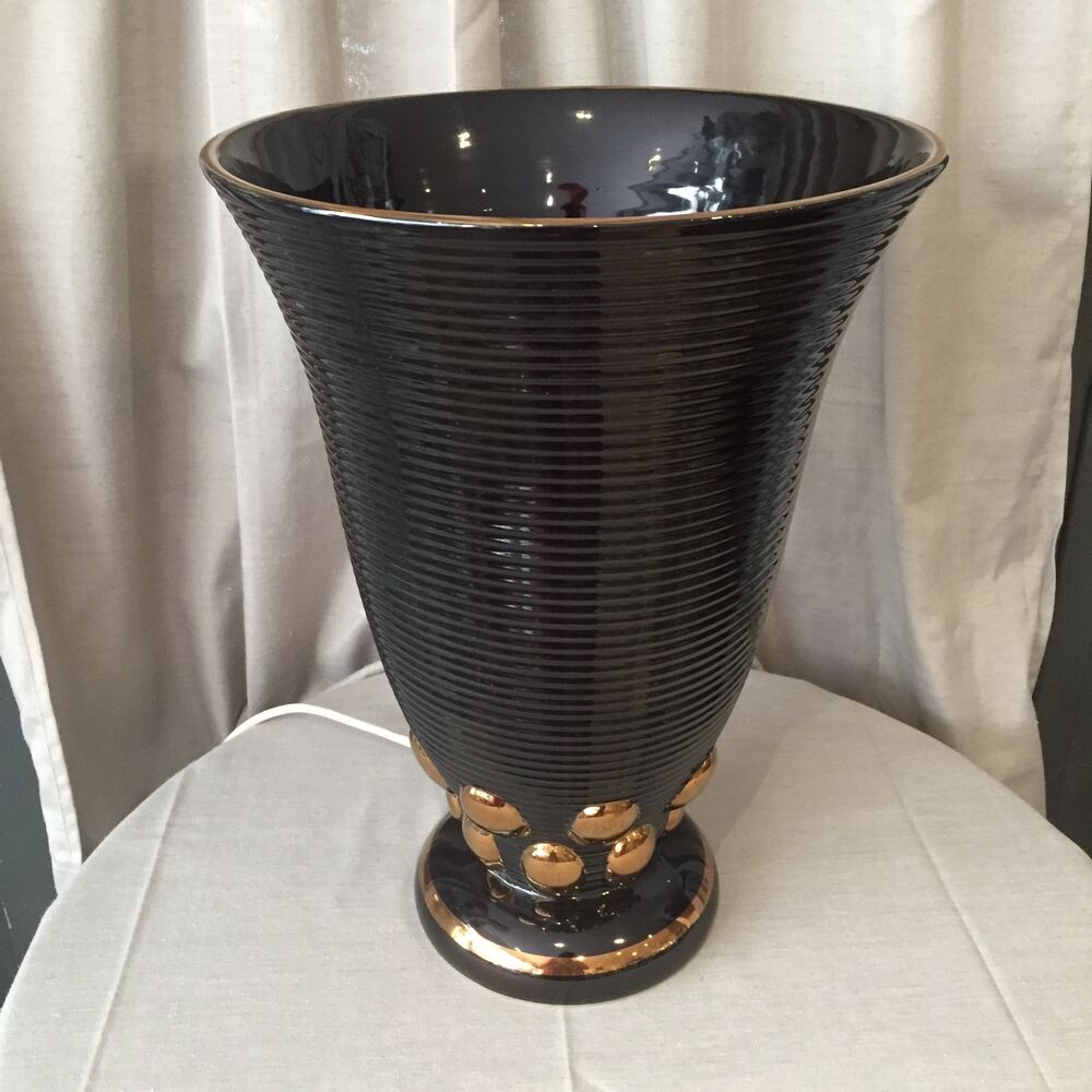 ORIGINAL EARTHENWARE LAMP OF ST CLEMENT ART DECO BLACK AND GILDED VASE CORNET