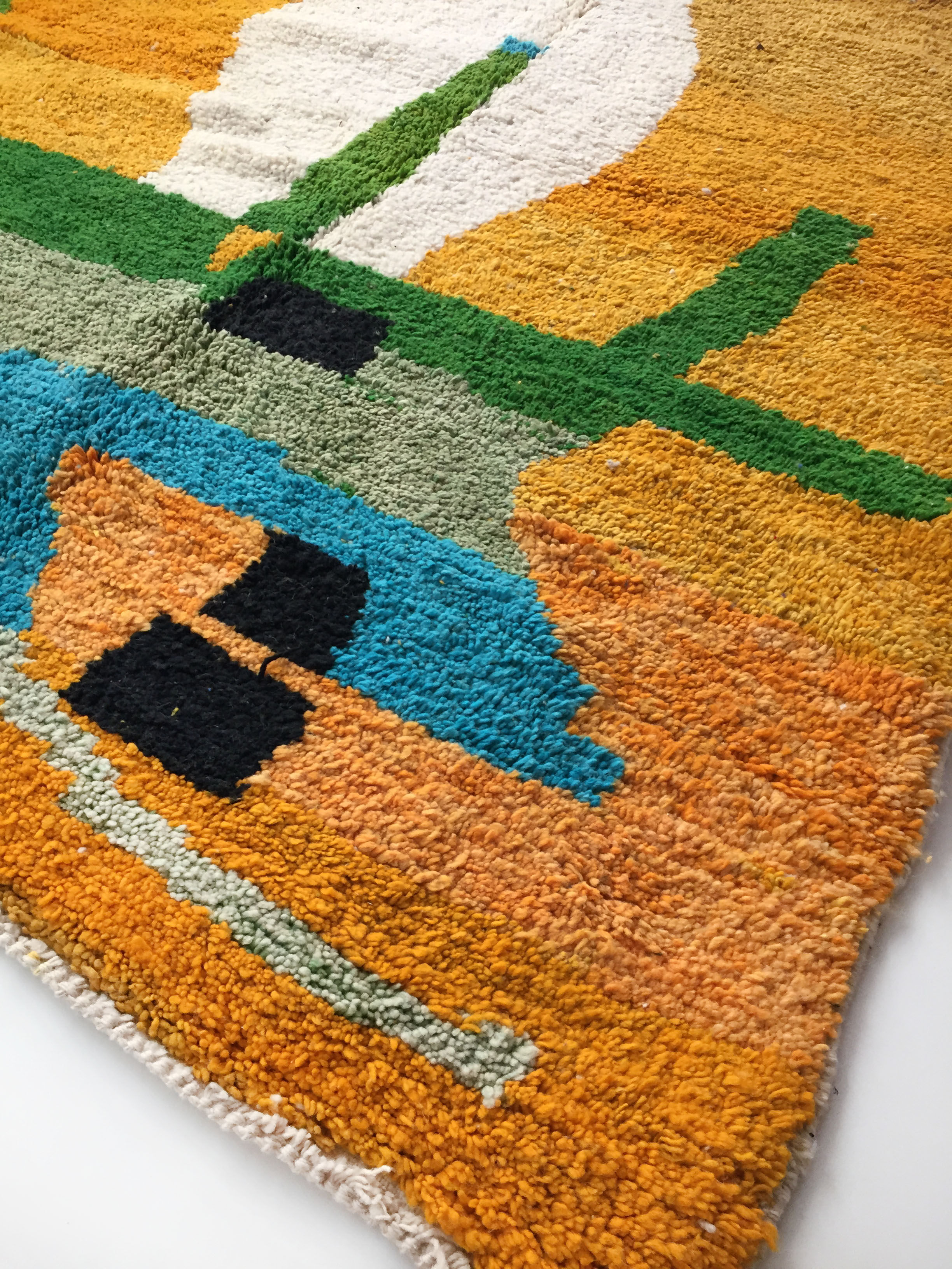 Moroccan Berber carpet Boujaad mustard with colorful patterns 275x182cm