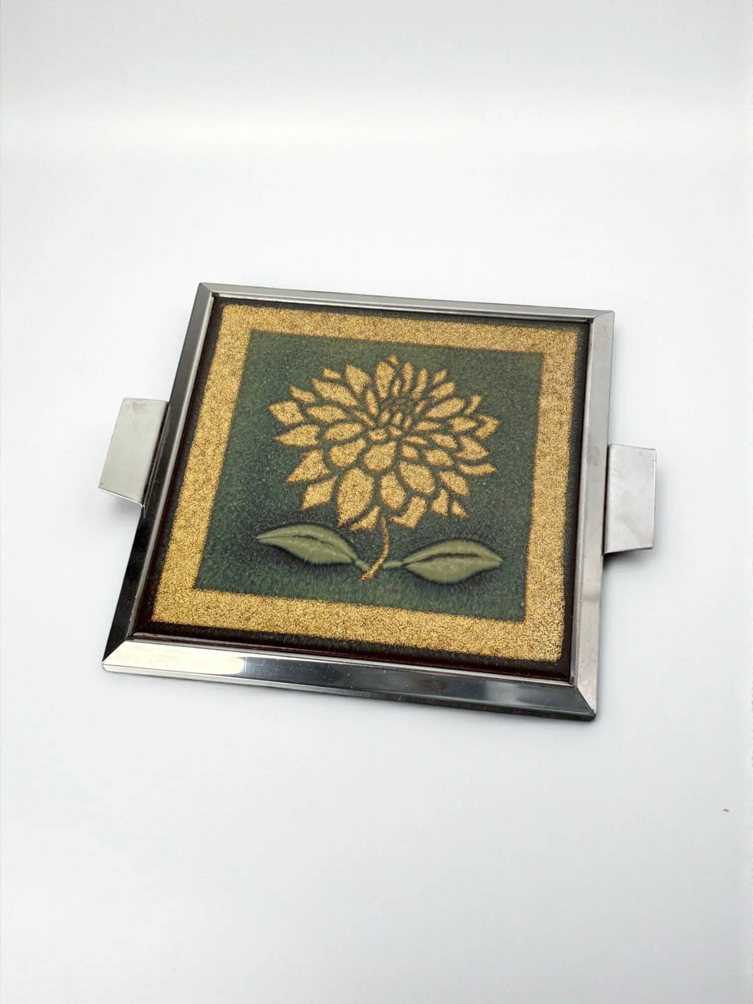 Space age floral green and yellow ceramic trivet, Spain, 1970s