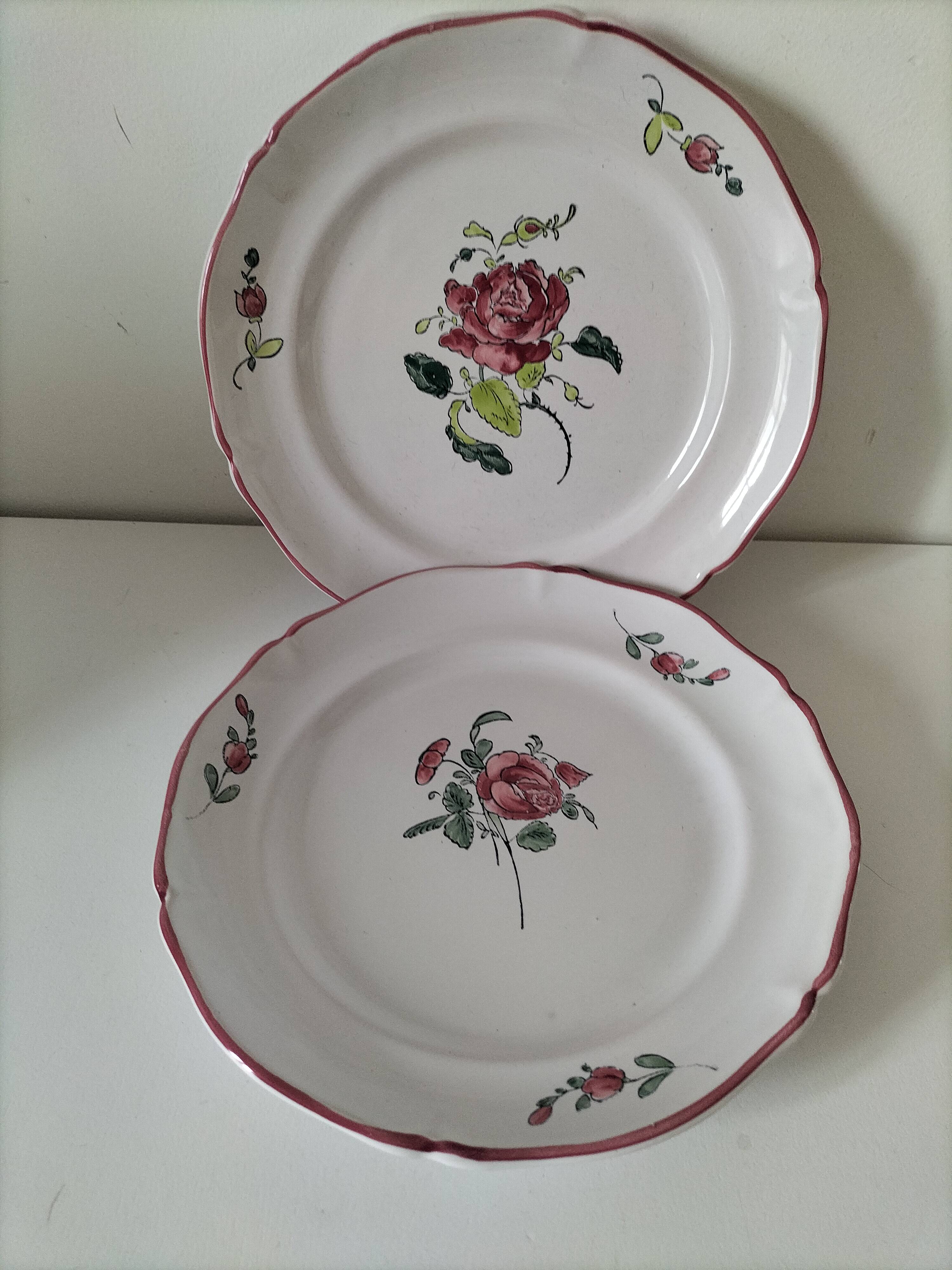 Pair of hand-painted antique plates – antique rose motif