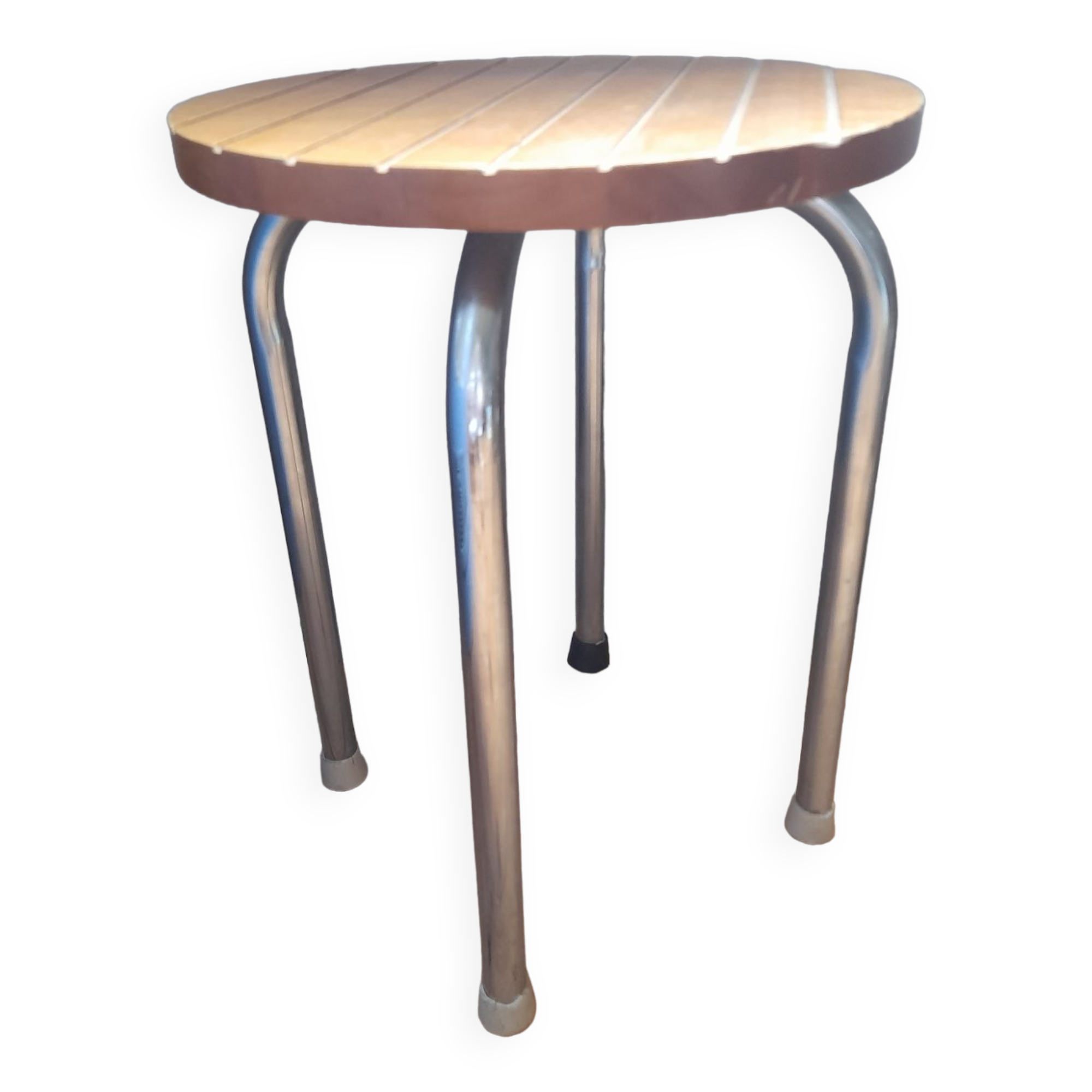 Tabouret 4 pieds tubulaire  assise bois strié, vintage