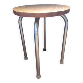 Stool 4 feet tubular seat ridged wood, vintage