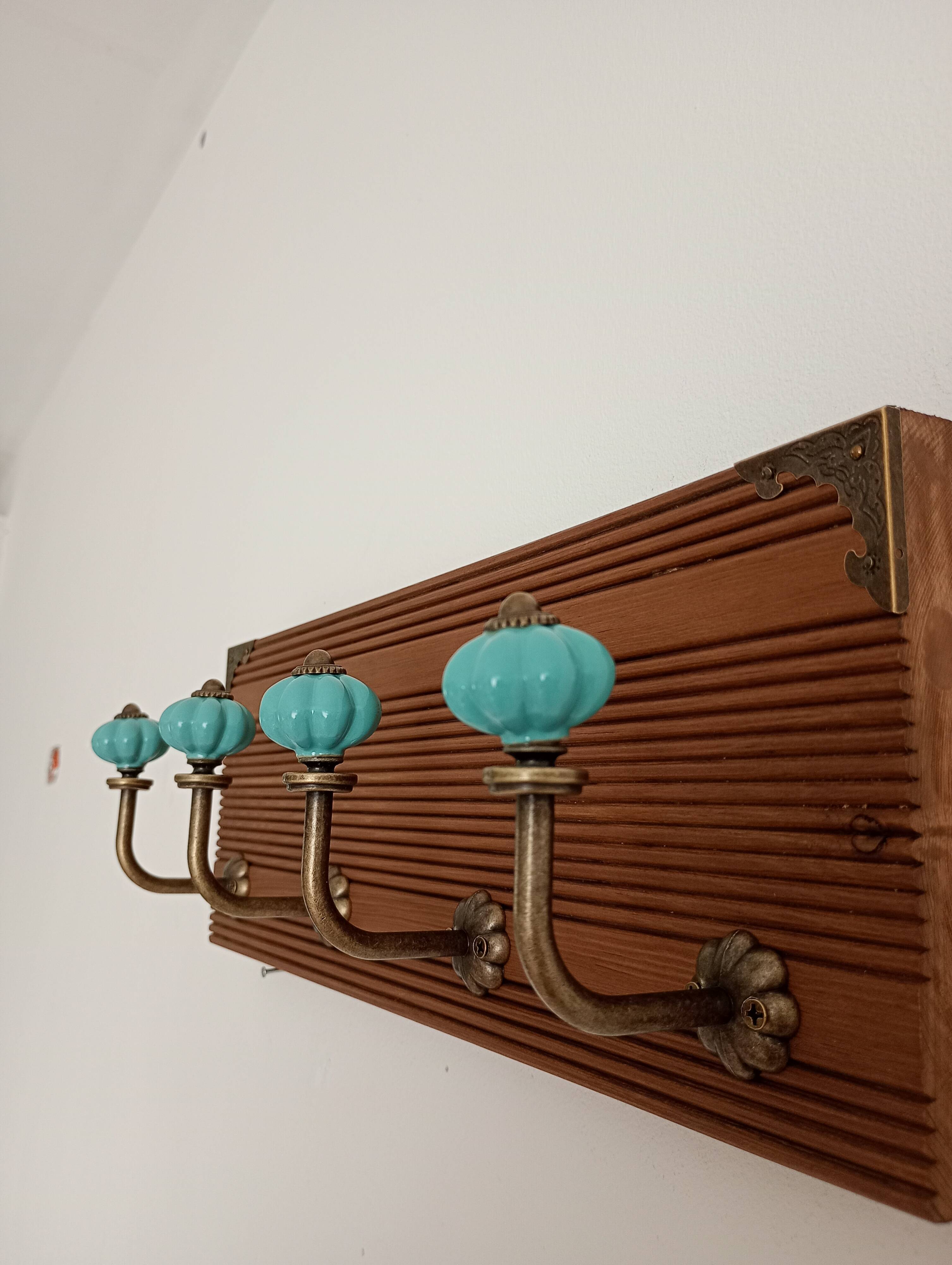 Retro vintage wall coat rack - 4 azure blue ceramic hooks