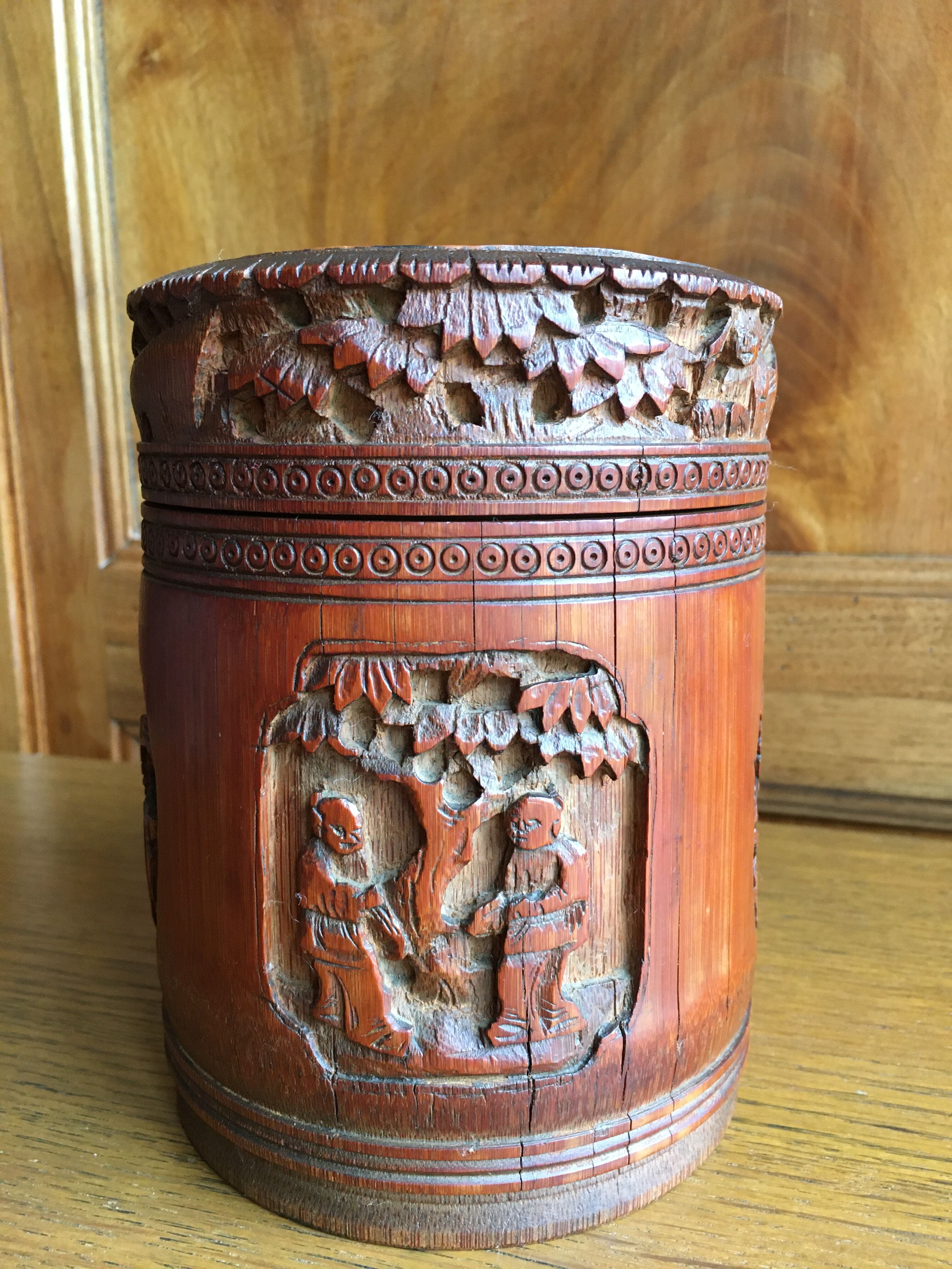Round carved wooden box