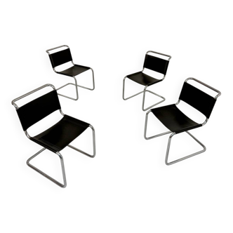 Lot 4 chaises tubulaire design Mart Stam cuir noir vintage années 80