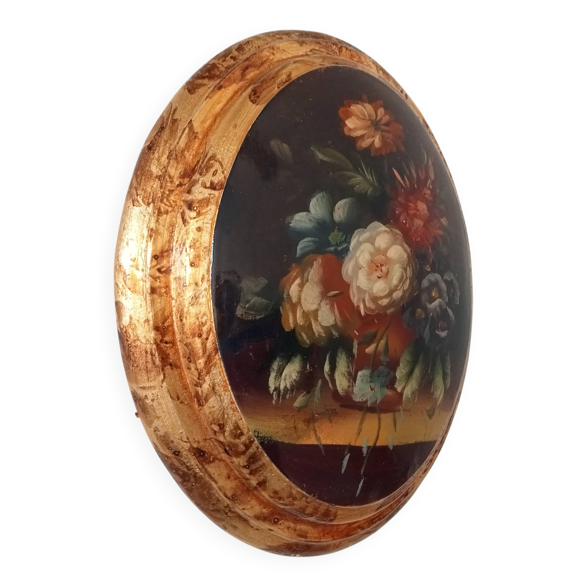 Curved frame still life lithograph on wood