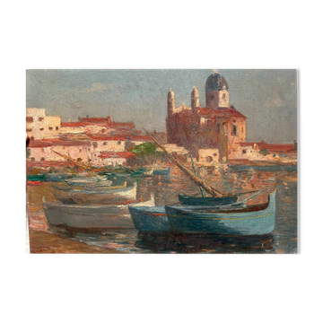 Joseph perrachon (1883-1969) marine, boats - original signed antique painting
