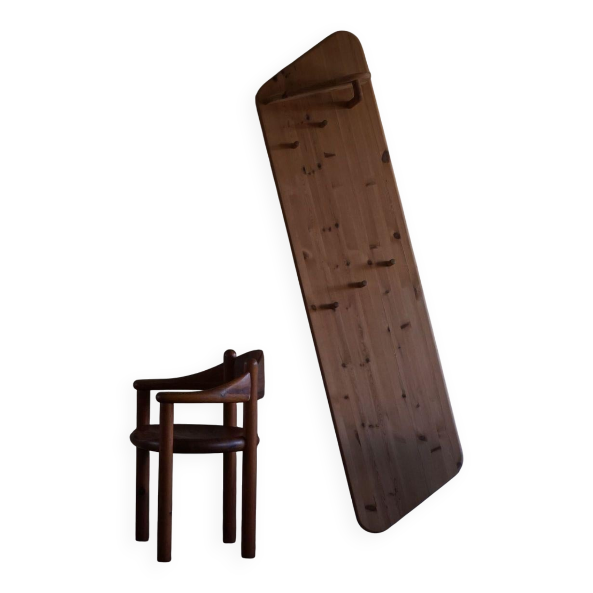 Sculptural wall-mounted coat rack in solid pine, Danish modern, 1980s.