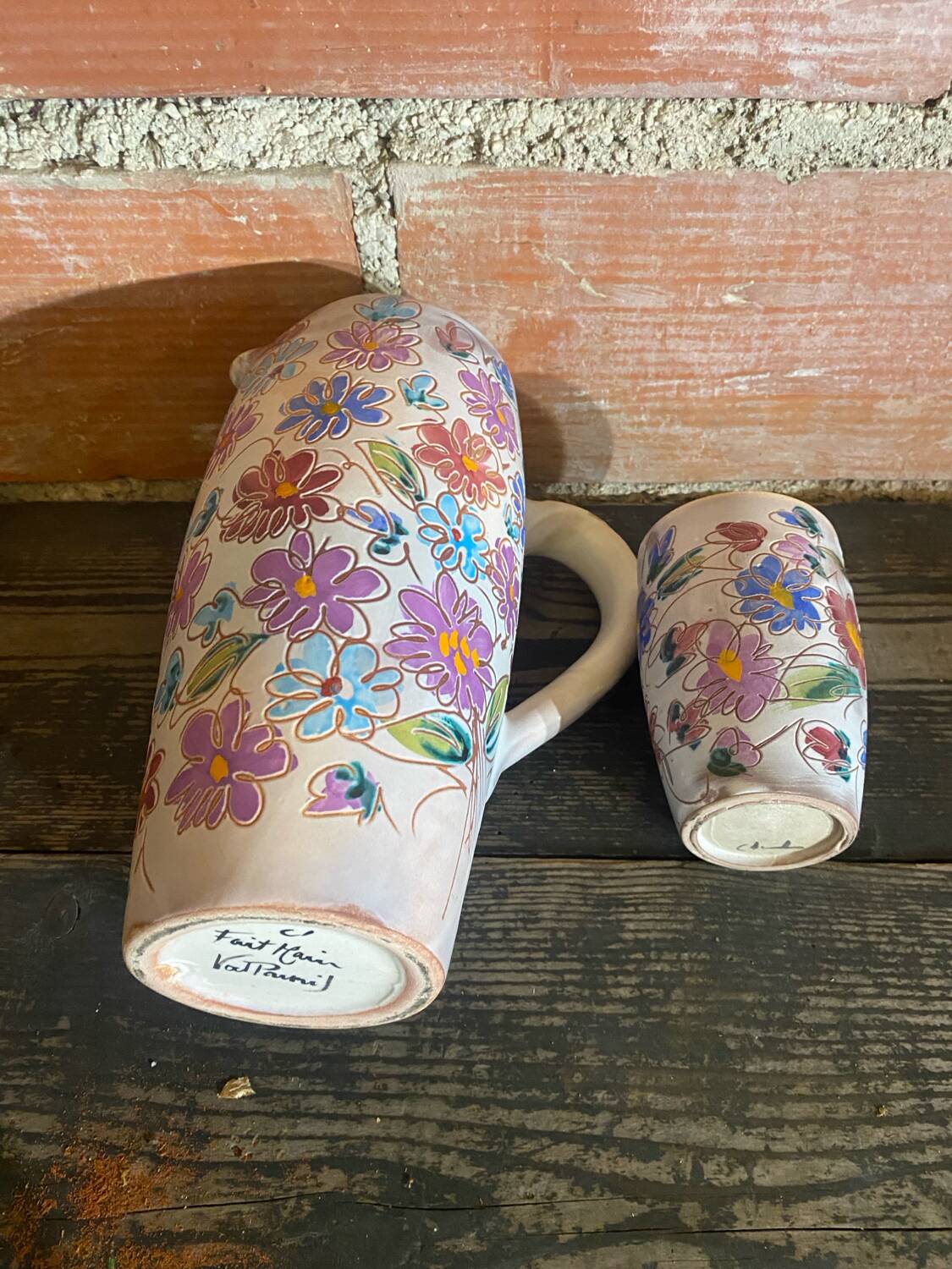 Orangeade Service VALLAURIS Ceramic Flowers Pitcher + 6 Vinta Glasses