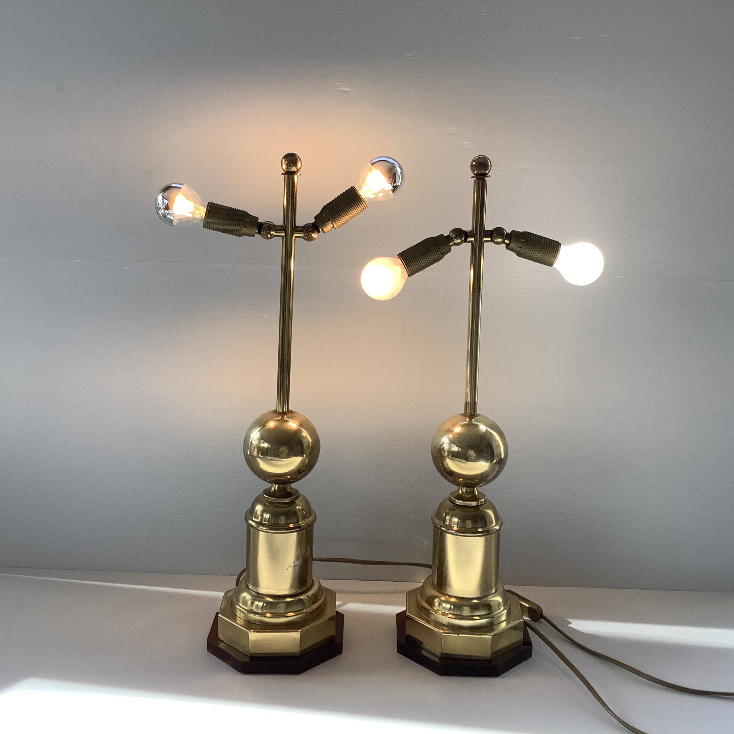 Pair of 2 Vintage Chic Articulated Brass Bakelite Amber Ball Lamps
