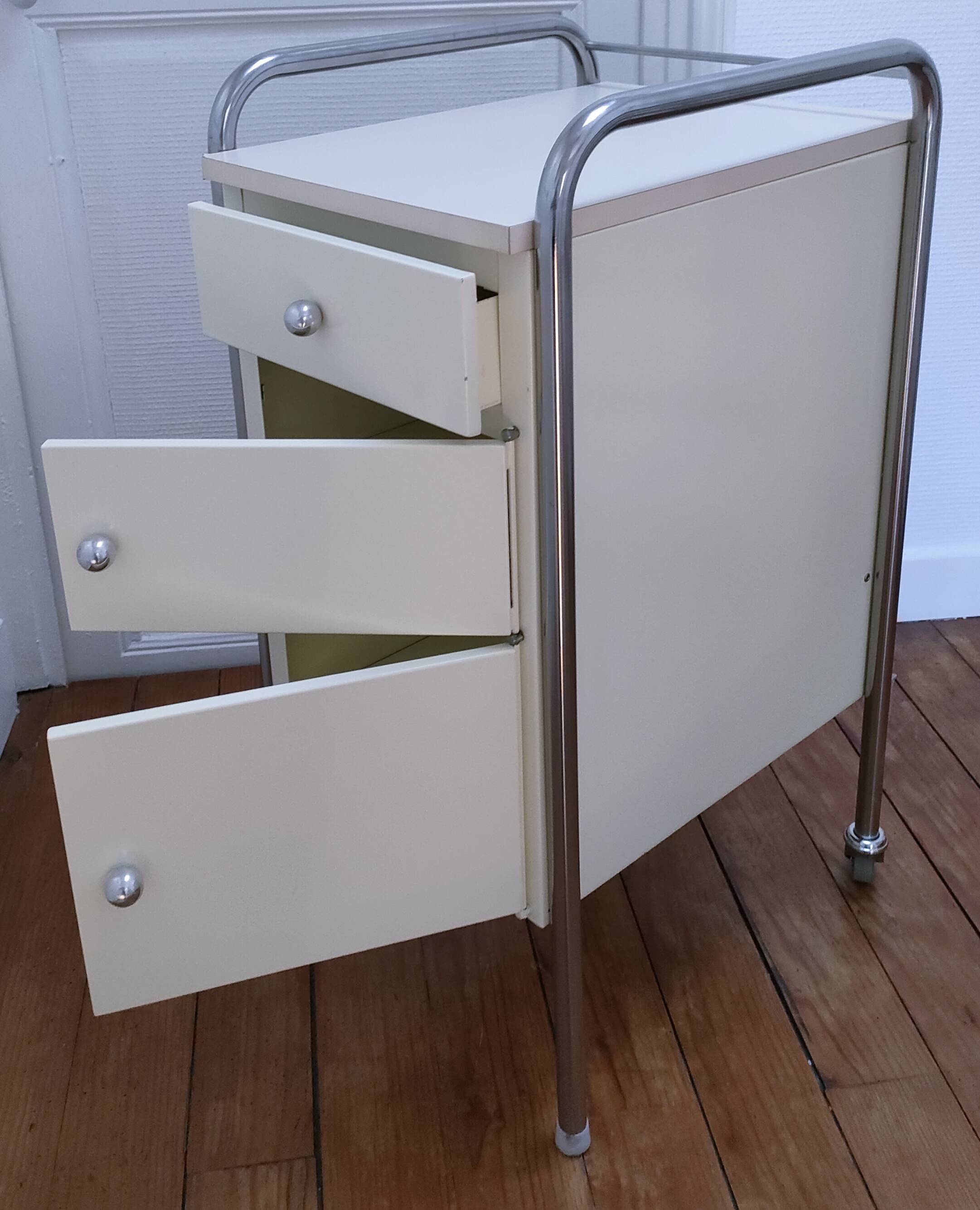 bedside table stainless steel lacquered metal 80s design
