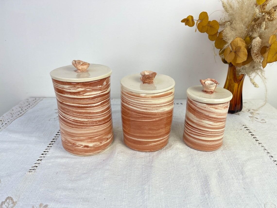 Set of 3 artisanal ceramic boxes signed Oupi Kiri vintage 50s