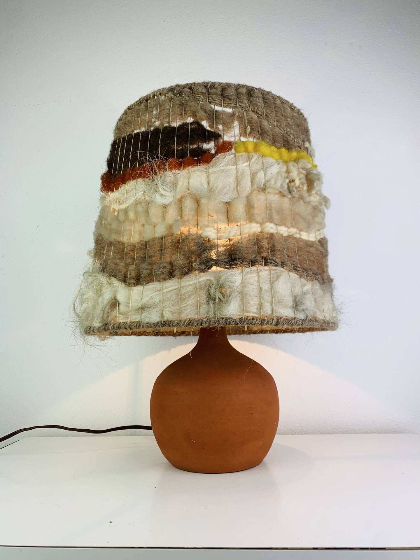 Terracotta globe lamp with a wool shade from the 1960s.